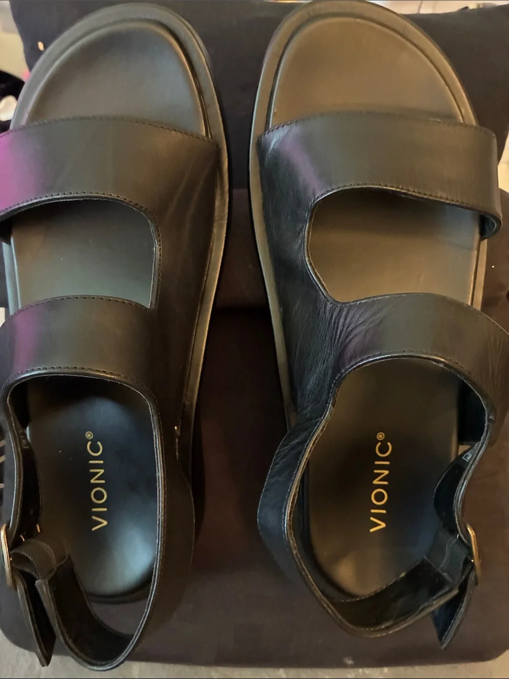 NWOT Vionic Madera Women’s Slingback Black Leather 2Strap orthotic Sandals